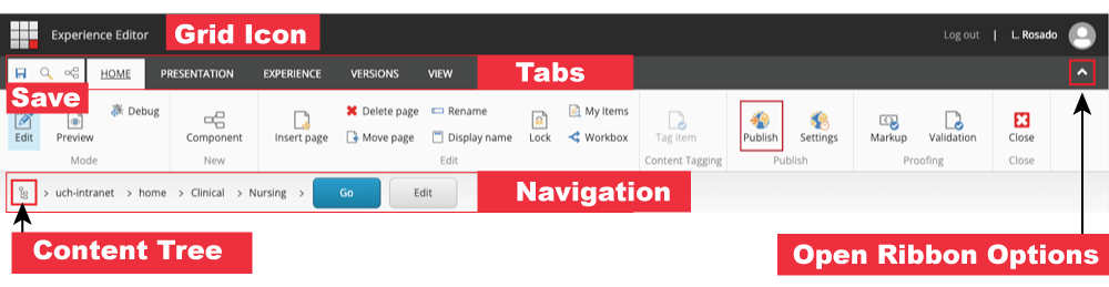 Experience Editor Main Menu with labels