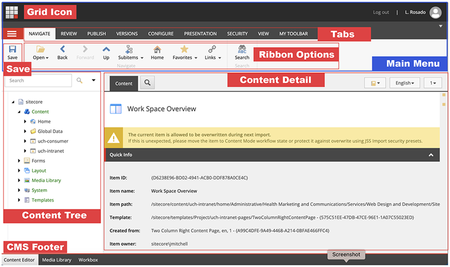 Workspace screen capture with labeled areas