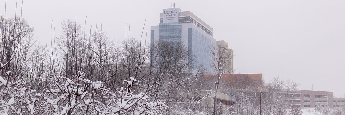 Campus after snowfall, showing University Tower